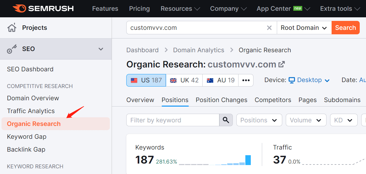 如何使用semrush查看关键词排名