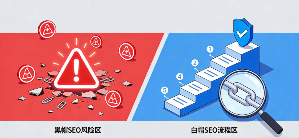 判断 SEO 服务商是否可靠的可视化示例,对比黑帽风险与白帽 SEO 流程。