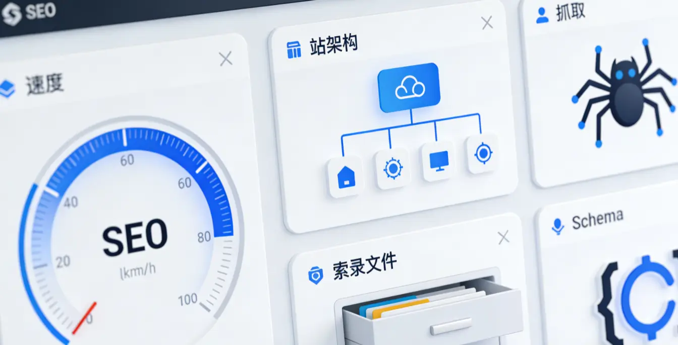 技术SEO五大模块信息图：速度、结构、抓取、索引、Schema