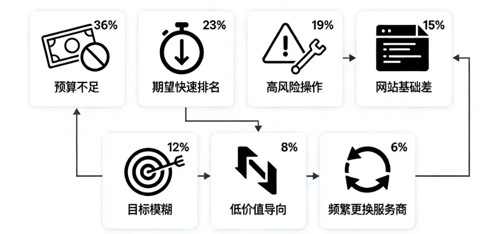 信息图展示专业SEO服务商拒绝客户的常见原因，包括预算不足、短期排名期望、高风险操作、网站基础差等，每个模块显示对应百分比和逻辑关系。
